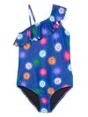 Molo Girl's Net Ruffled One-shoulder One-piece Swimsuit In Blue