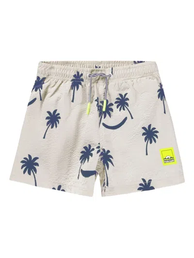 Molo Kids' Niko Palm-tree Print Swim Shorts In Neutral