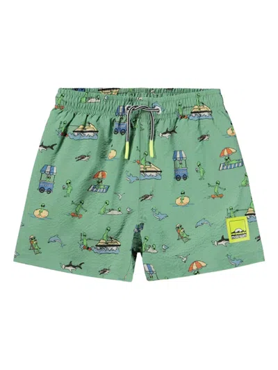 Molo Kids' Niko Printed Swim Shorts In Green