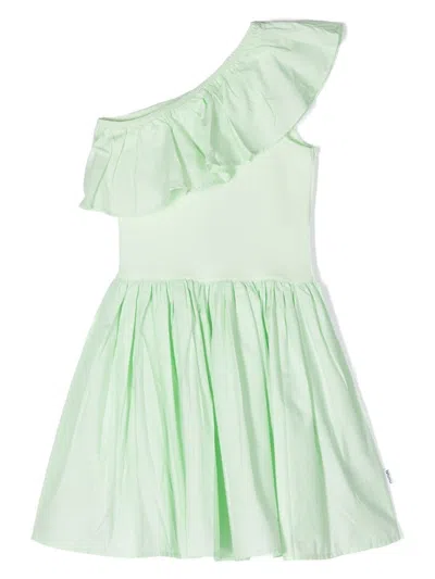 Molo Kids' One-shoulder Pleated Dress In Green