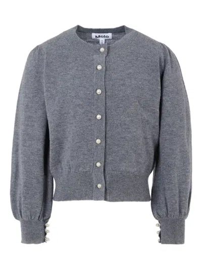 Molo Kids' Pearl-button Puff-sleeve Cardigan In Gray