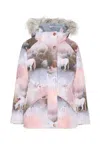 Molo Pink Down Snow Jacket For Girl With Unicorn In Multi