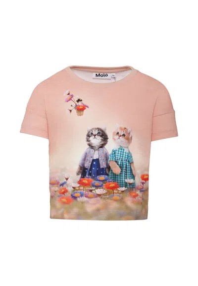 Molo Kids' Pink T-shirt For Girl With Cat