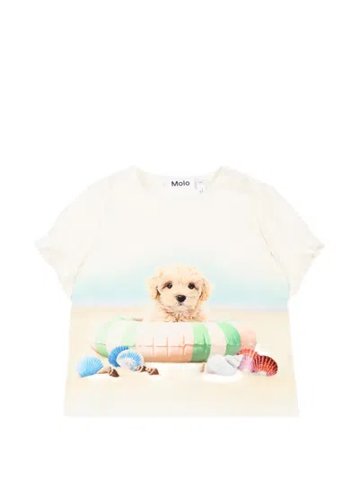 Molo Babies' Puppy-print Puff-sleeve T-shirt In Neutral