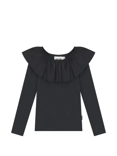 Molo Kids' Renate Ruffled-collar Long-sleeved Top In Black
