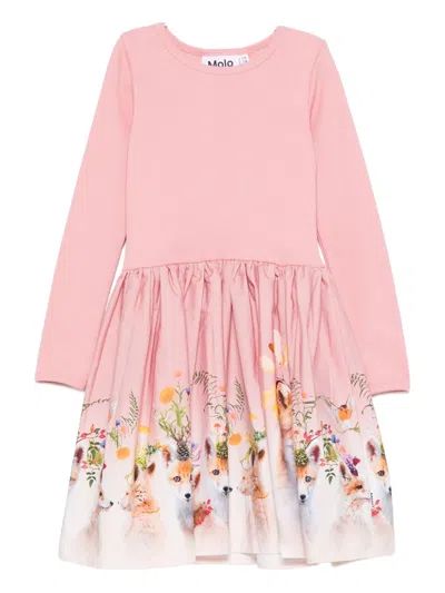 Molo Kids' Ribbed Fox-print Dress In Pink