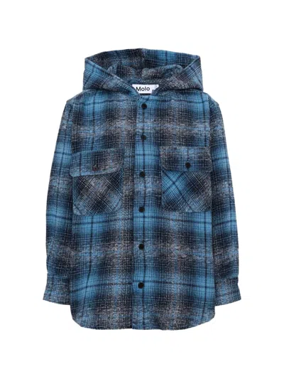 Molo Kids' Rizz Check Hooded Shirt In Blue