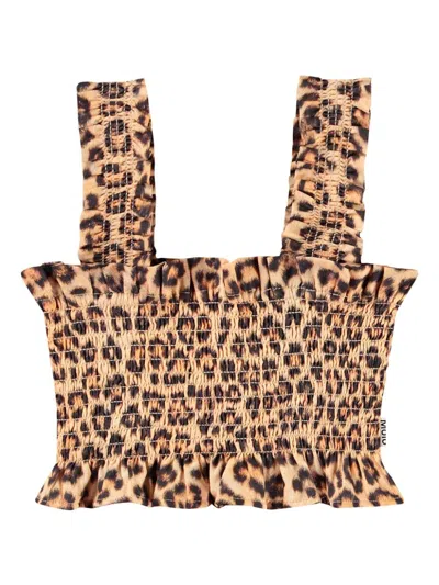 Molo Kids' Leopard Print Cotton Poplin Crop Top In Brown