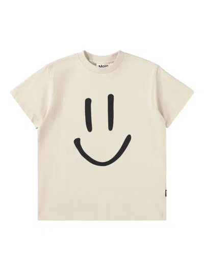 Molo Kids' Roxo Smiley-face Cotton T-shirt In Neutral