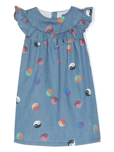 Molo Kids' Ruffled Organic Cotton Dress In 蓝色