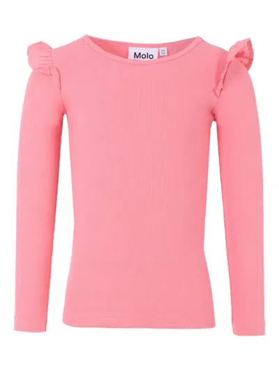 Molo Kids' Ruffled Ribbed Top In Pink