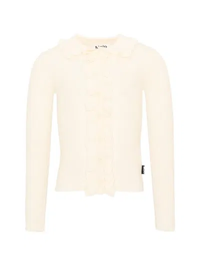 Molo Kids' Ruffle-trimmed Ribbed Cardigan In White