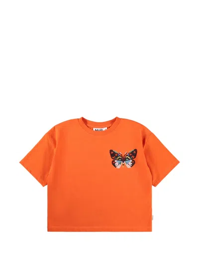 Molo Kids' Sequin-butterfly Short-sleeve T-shirt In Orange