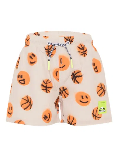 Molo Kids' Smiley Basketball-print Swim Shorts In Neutral