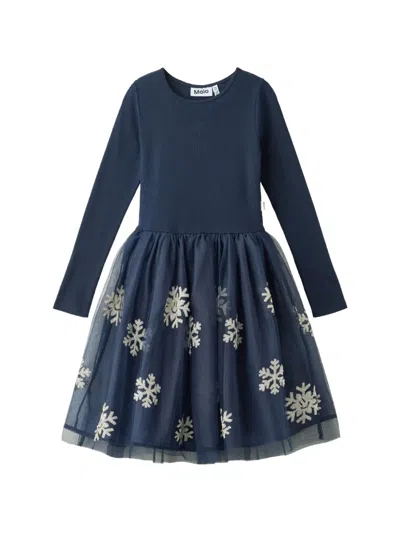 Molo Kids' Snowflake-sequin Tulle-skirt Dress In Blue