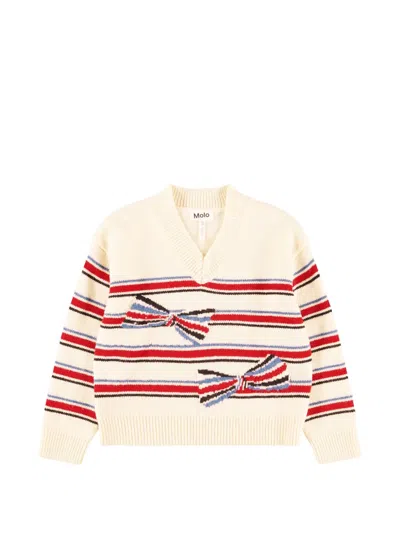 Molo Kids' Stripe-pattern Bow-intarsia Sweatshirt In Neutrals