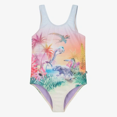 Molo Kids' Purple One-piece Swimsuit For Bebe Girl With Dinosaur Print In Multicolor