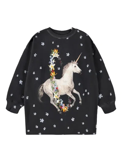 Molo Kids' Unicorn-print Floral-embellished Dress In Black