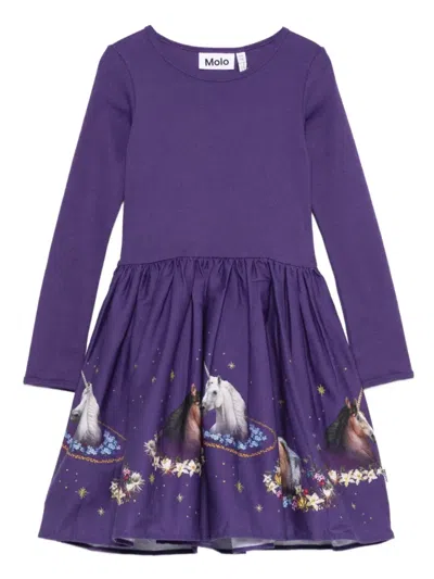Molo Kids' Unicorn-print Long-sleeve Dress In Purple