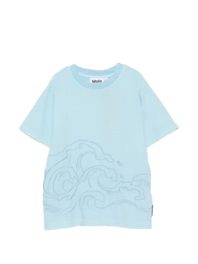 Molo Kids' Wave-embroidered T-shirt In Blue