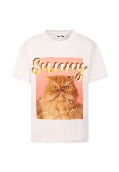 Molo White T-shirt For Kids With Cat