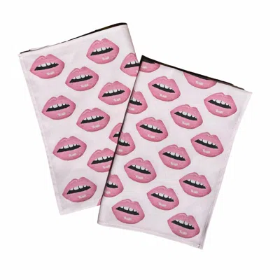 Mommani Threads Pink / Purple Blush "bisous Bisous!" Kiss Kiss Linen-cotton Tea Towels, Set Of Two