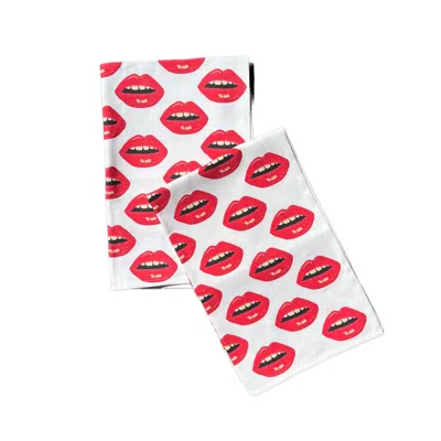 Mommani Threads Red "bisous Bisous!" Kiss Kiss Linen-cotton Tea Towel / Set Of Two