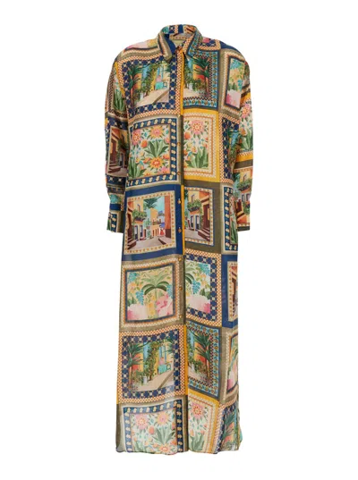 Momoní Jau Multicolor Long Dress With All-over Print And Side Slits In Silk Woman