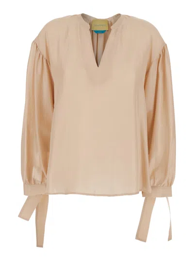 Momoní Musa Pink Blouse With V-neck And Cuffs With Tie-on Bows In Silk Woman