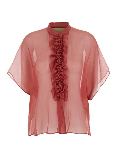 Momoní Silk Shirt With Front Ruffles And Semi-sheer Design In Red