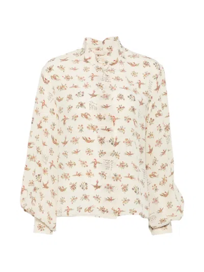 Momoní Bird-print Puff-sleeve Shirt In Neutral