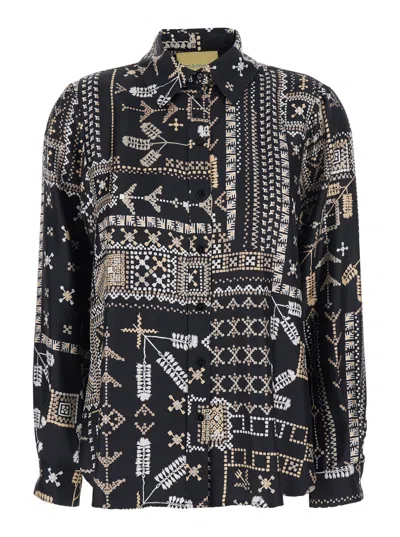 Momoní Black Shirt With All-over Print And Pointed Collar In Silk Woman In Multi