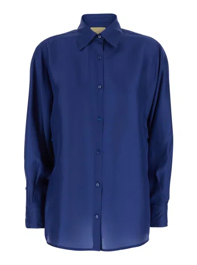 Momoní Blue Long-sleeved Shirt With Classic Collar In Silk Woman