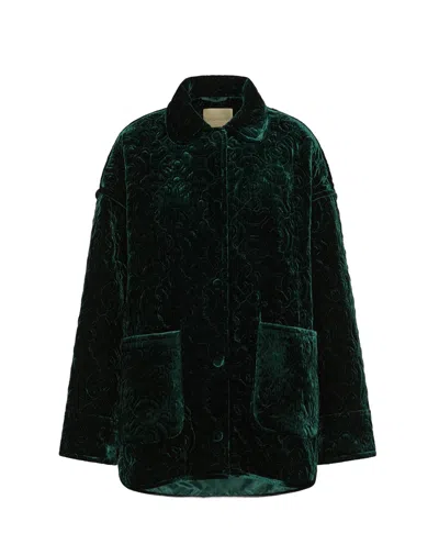 Momoní Botanical Coat In Quilted Velvet In Green