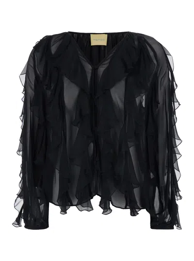 Momoní Canela Black Blouse With Ruched Design And V Neck In Viscose And Silk Woman