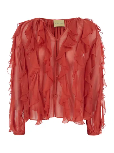 Momoní Canela Red Blouse With Ruched Design And V Neck In Viscose And Silk Woman