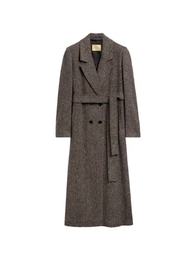 Momoní Elin Double-breasted Herringbone Long Coat In Animal Print