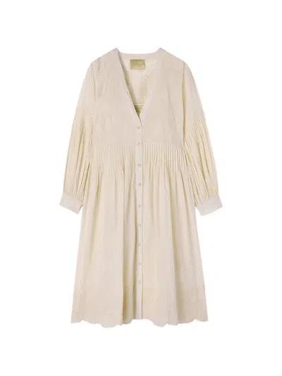 Momoní Embroidered Micro-pleated Midi Dress In Brown