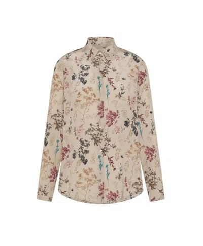 Momoní Floral Print Long-sleeve Beige Shirt With Classic Collar In Neutral