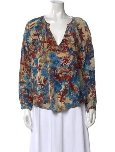 Pre-owned Momoní Floral Print V-neck Blouse In Blue
