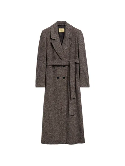 Momoní Long Elin Double-breasted Coat With Houndstooth Pattern In Brown