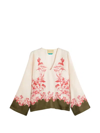 Momoní Long Sleeve Floral Print Blouse In Neutral