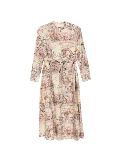 Momoní Lorina Animal-print Belted Cotton Midi Dress In Neutral