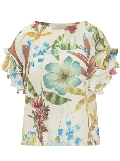 Momoni' Mini Blouse With Flutter Sleeves And Floral Print In Multi