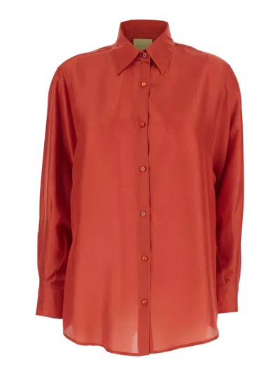 Momoní Orange Long-sleeved Shirt With Classic Collar Insilk Woman In Red