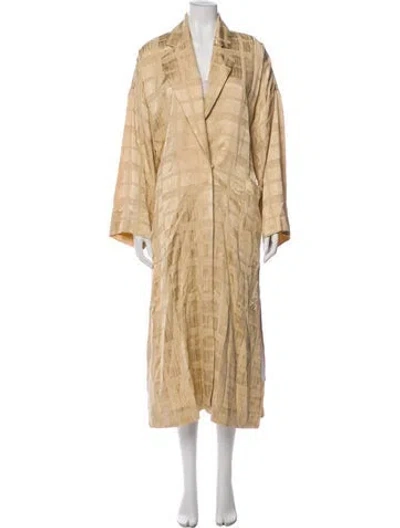 Pre-owned Momoní Satin Plaid Print Faux Fur Coat In Neutral