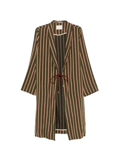 Momoní Vertical-stripe Tie-fastening Linen Coat In Green