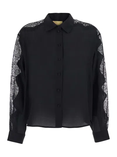 Momoní Vetra Bis Lace-panelled Silk Shirt In Black