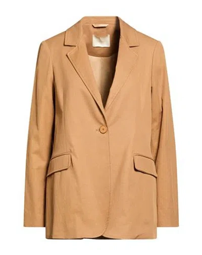 Momoní Woman Blazer Camel Size 6 Cotton, Linen, Elastane In Brown