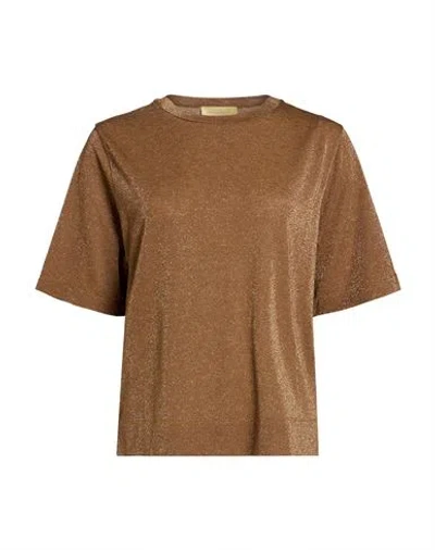 Momoní Woman T-shirt Light Brown Size M Polyester, Viscose, Polyamide, Metallic Fiber, Elastane